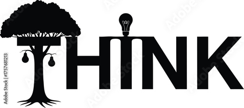 Creative thinking and idea generation symbolized by a tree and lightbulb forming the word think