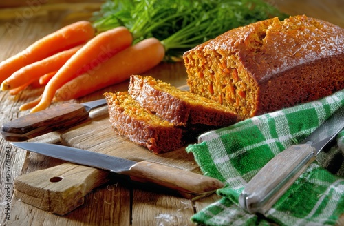 Freshly Baked Carrot Bread on a Wooden Board With Sliced Pieces Beside Vibran...