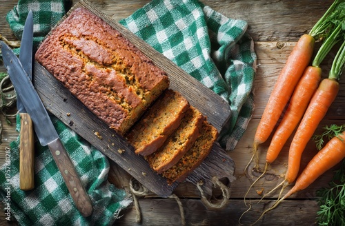 Freshly Baked Carrot Bread on a Wooden Board With Sliced Pieces Beside Vibran...