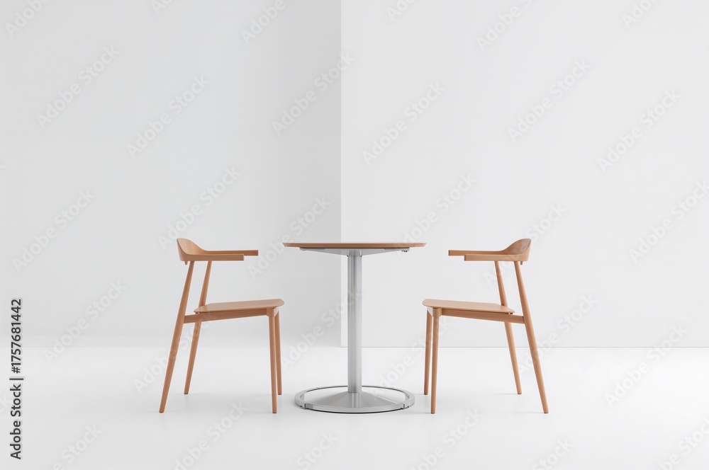 Fototapeta premium Minimalist table and chairs in a bright white studio space, ideal for modern interiors, furniture stores, or collaborative workspaces design mockups