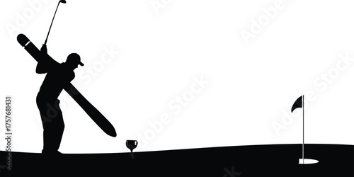 Golfer silhouette swinging a giant stylus pen at a golf ball on a tee with a flag on the green