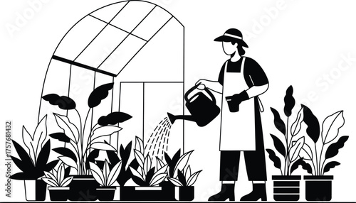 Gardener in a hat and apron watering potted plants inside a greenhouse with a watering can