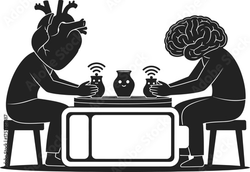 Heart and brain characters interact with smart devices and a happy vase on a table