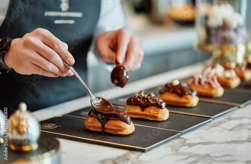 Chef Decorates Eclairs With Chocolate Glaze in a Modern Kitchen Setting