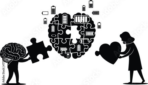 Silhouette figures connect brain and heart puzzle pieces with low battery symbols representing mental and emotional energy