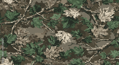 Leaves hunting camouflage pattern. Forest camouflage. Tree branches, leaves, acorns, Christmas trees. Pattern for clothing, various products.