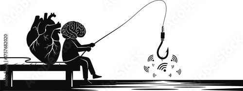 Silhouette of a figure with a brain for a head fishing for wi fi signals with a heart as bait