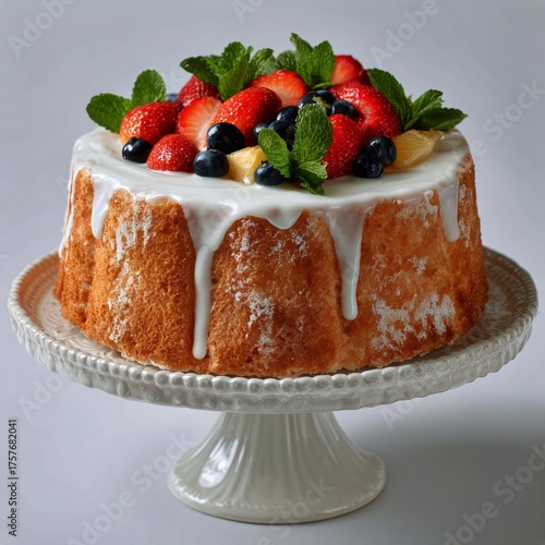 Vibrant Fruit Cake Topped With Fresh Berries and Mint on a Decorative Stand