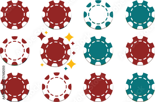 Poker chips, red teal white, casino tokens, gambling design, special chip, sparkle highlight, game icon, betting, entertainment