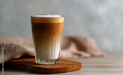 Coffee Drink Served in Glass on Wooden Board With Cozy Background