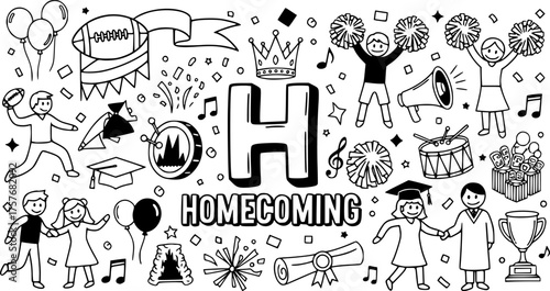 Doodle homecoming celebration with school spirit and fun symbols