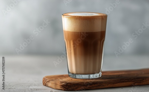 Delicious Layered Coffee Served in a Clear Glass on a Wooden Surface