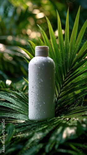 White cosmetic bottle mockup with dew on tropical palm leaves