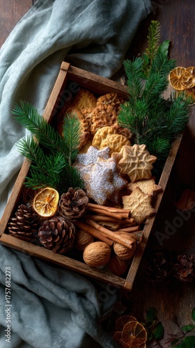 Rustic wooden box filled with festive holiday cookies and spices