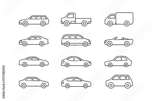 vector car silhouette collection twelve side profile illustrations sedan hatchback suv pickup van convertible station wagon outline