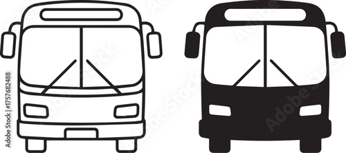 front view bus icon set outline and solid black public transport vehicle symbol for transit