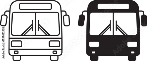 pair of bus icons front view outline and filled black vector transport symbol for designers