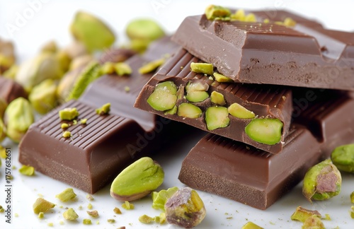 Chocolate Bars With Pistachio Nuts Arranged on a White Background and Ready t...