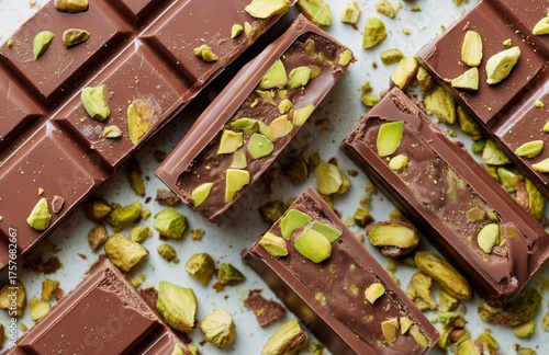Chocolate Bars With Pistachio Nuts Arranged on a White Background and Ready t...