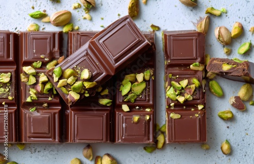 Delicious Chocolate Bars With Pistachio Pieces on a Light Background