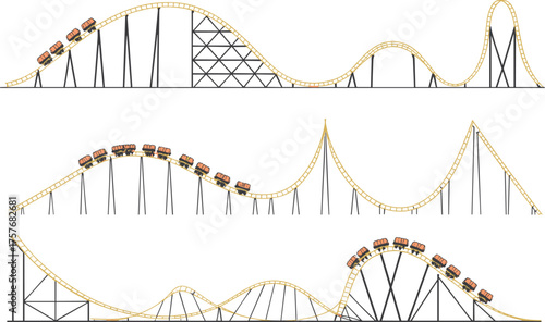 Roller coaster engineering set, dynamic track design, steep drops, loops and hills, physics concept, thrill ride vector illustration