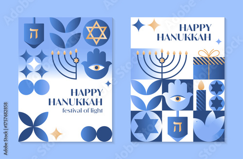 Hanukkah vector illustrations.Festive posters with menorah,dove,dreidel,hamsa,gift,David star in blue,gold and white colors.Jewish festival of lights greeting templates for prints,covers,invitations.