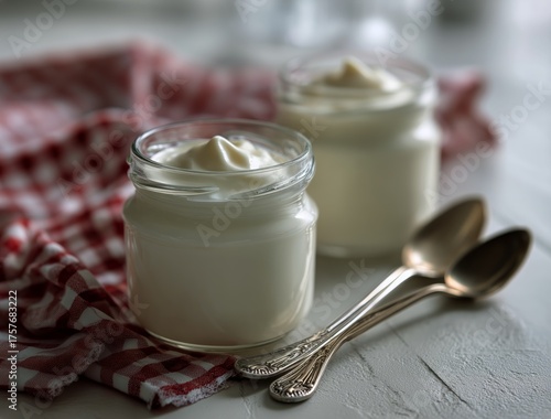 Creamy Yogurt Served in Glass Jars on a Checkered Napkin With Silver Spoons