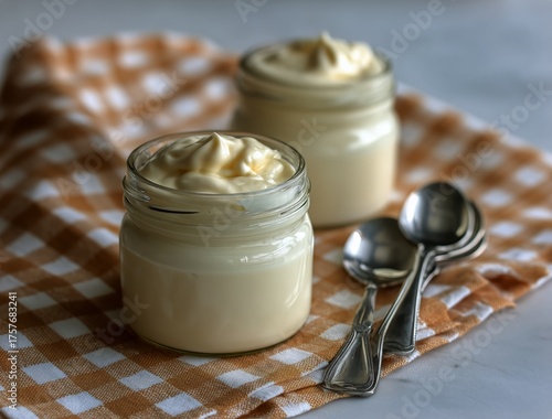 Creamy Dessert in Glass Jars on a Checkered Napkin With Silver Spoons Nearby