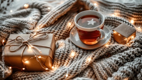 A cozy setup featuring a warm cup of tea, a gift box, and twinkling fairy lights on a knitted blanket creates an inviting atmosphere, perfect for enjoying peaceful evenings during the holiday season.