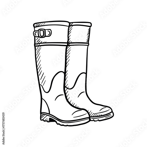 A pair of rubber rain boots in a simple, hand-drawn style. The boots are designed for outdoor use, featuring a buckle and a sturdy sole.