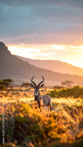 An African antelope stands in golden sunlight, amidst grassland hills