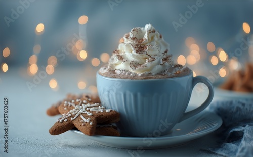 Warm Gingerbread Cookies and Whipped Cream Topped Drink in a Festive Setting ...
