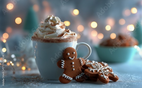 Warm Gingerbread Cookies and Whipped Cream Topped Drink in a Festive Setting ...