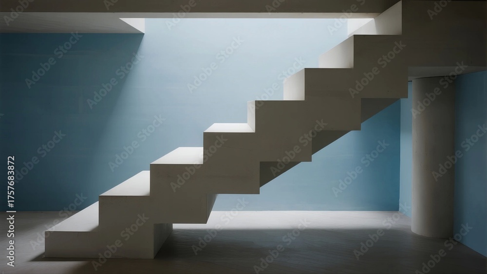 Obraz premium A modern minimalist staircase in an empty room with blue walls, showcasing clean lines and geometric structure.