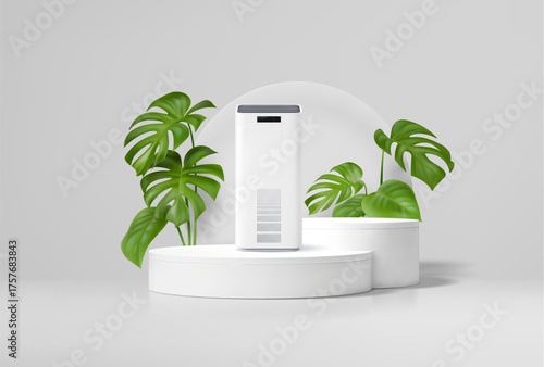 3D podium stage with air purifier and green leaves on pedestal platform, vector product display. Air purifier showcase platform with tropical plant leaves for home appliance display background