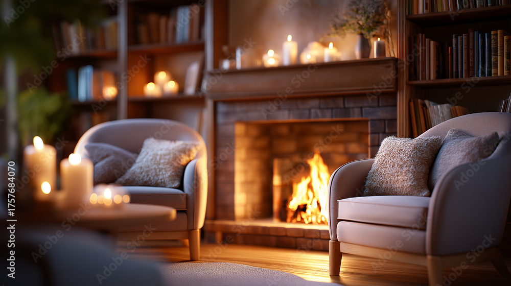 Obraz premium Cozy living room interior with fireplace and armchairs, fire burning in hearth books on shelves, scene of home comfort warmth relaxation, candles provide soft light creating inviti