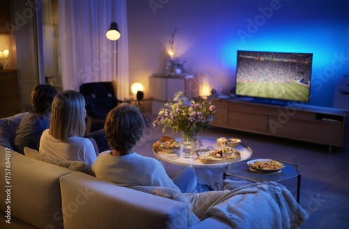 Friends Enjoy a Cozy Evening Watching a Sports Game on TV While Sharing Snack...