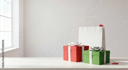 Christmas gifts and shopping bag on a white table with a window in the background