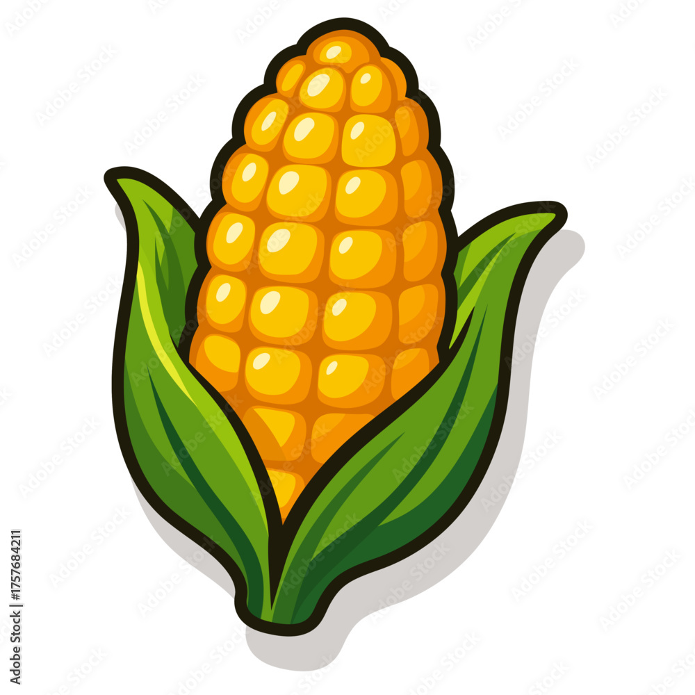 Obraz premium Cartoon Corn Icon, Bright Yellow Maize with Green Leaves, Vector Illustration