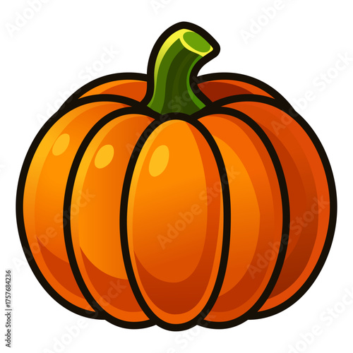 Cartoon Pumpkin Icon, Bright Orange Vegetable with Green Stem, Vector Illustration