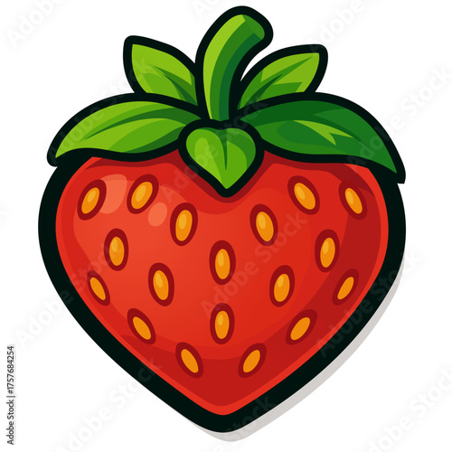 Cartoon Strawberry Icon, Cute Red Berry with Green Leaves, Vector Illustration