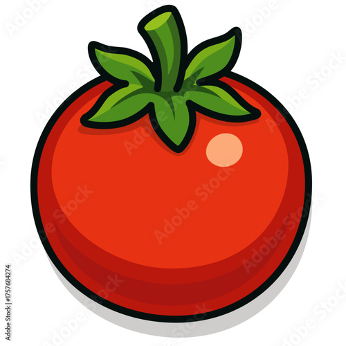 Cartoon Tomato Icon, Bright Red Vegetable with Green Leaves, Vector Illustration