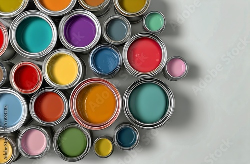 Colorful Paint Cans Arranged in a Creative Pattern on a Light Background