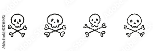 Skull And Crossbones Line Icon Set In Doodle Style. Danger, Warning, And Toxicity Symbols Outline Sketch Collection. Hand Drawn Isolated Vector Illustration