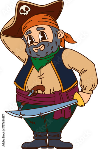 Cartoon pirate crew groovie character in tricorn hat with red beard, weapon, sword and bandana. Corsair captain in funny costume in thoughtful pose with a kind smile and expressive body