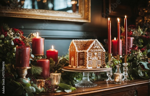 Gingerbread House Centerpiece Decorated With Candles and Flowers at a Festive...