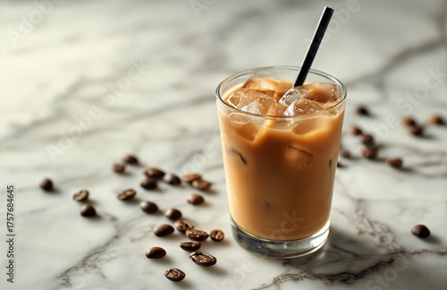 Expresso Iced Coffee With Ice Cubes and Coffee Beans on Marble Surface