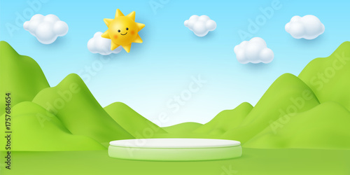 3d kids podium stage with funny sun and white clouds at blue sky. Round pedestal with green mountains and hills with soft light. Vector banner with circle product scene for baby product presentation