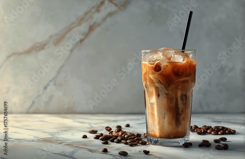 Expresso Iced Coffee With Ice Cubes and Coffee Beans on Marble Surface