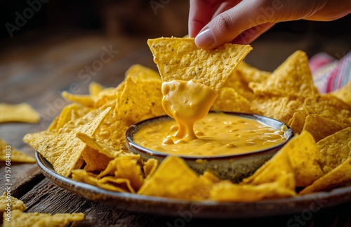 Delicious Nachos With Cheese Dip Enjoyed on a Rustic Wooden Table